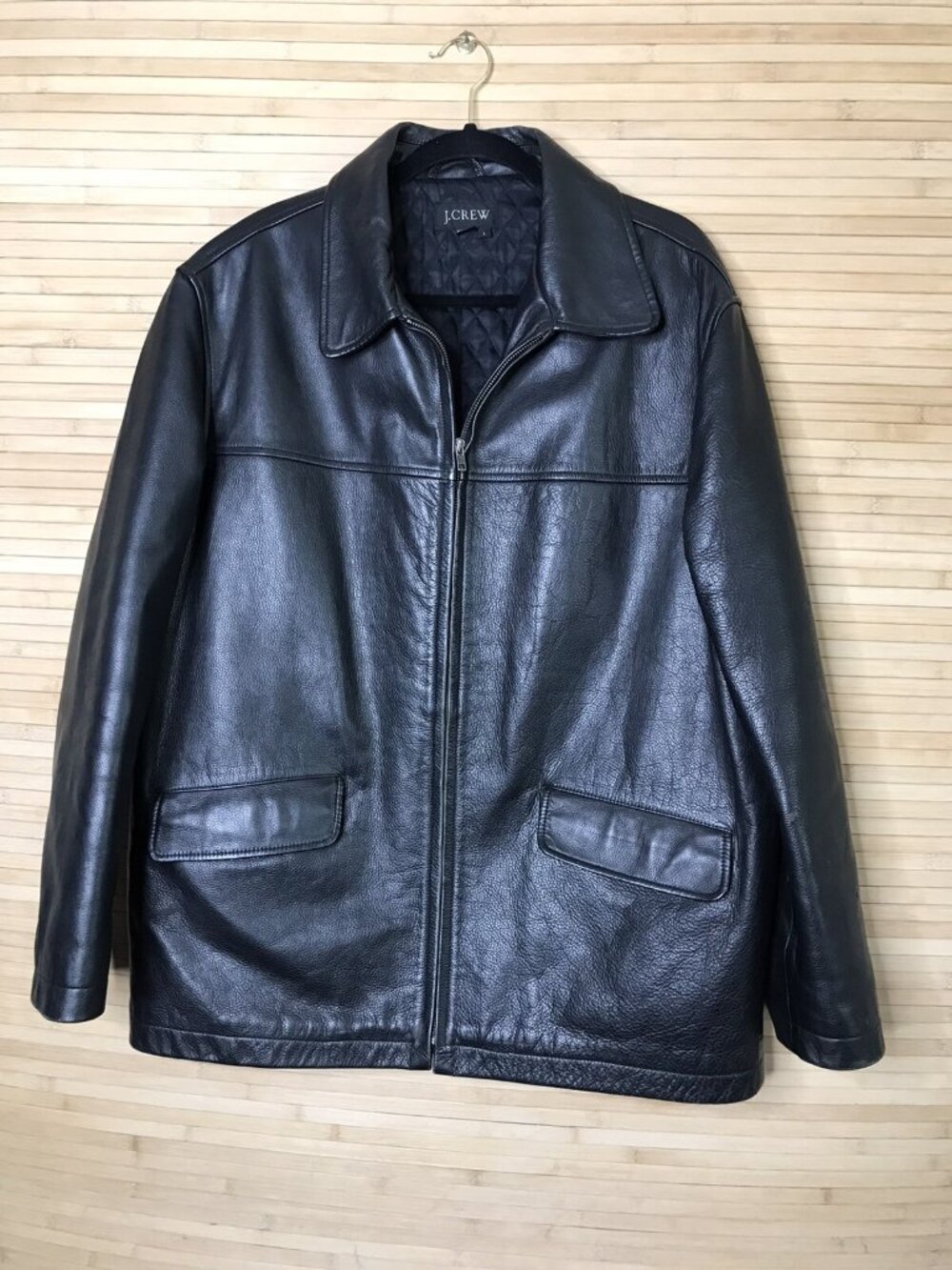 J. CREW Large BLACK COAT WINTER JACKET 100% LEATHER THICK quilted lined